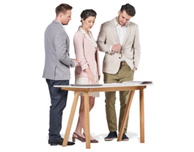 Mężczyźni i kobieta dyskutujący nad biurkiem ubrani w stroje biznesowe symbolem zgłoszeń osobowych