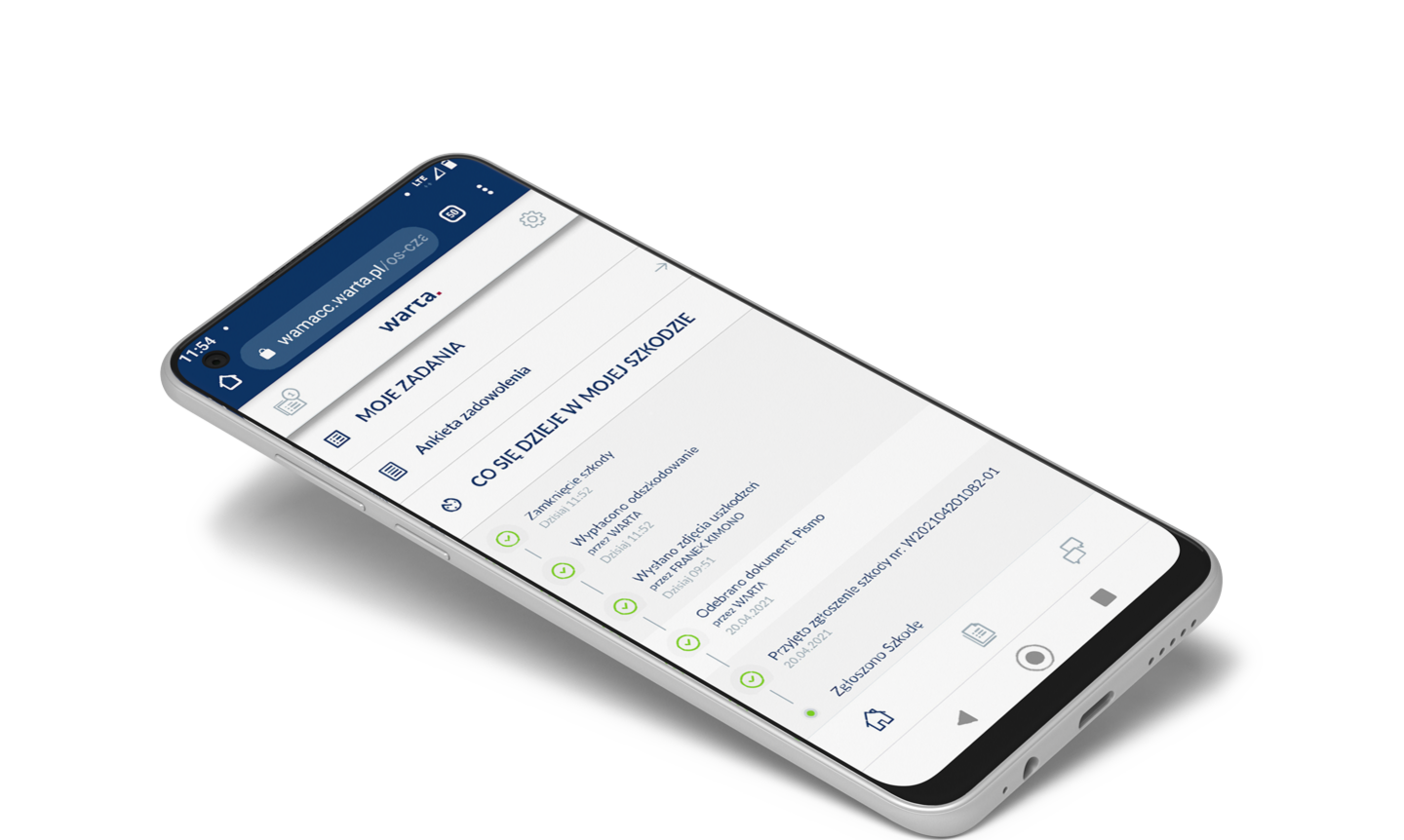 Smartphone - Portal Klienta Warta Telefon dotykowy typu smartphone z wyświetlonym Portalem Klienta Warta