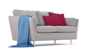 Szara kanapa z czerwonymi poduszkami i niebieskim kocem