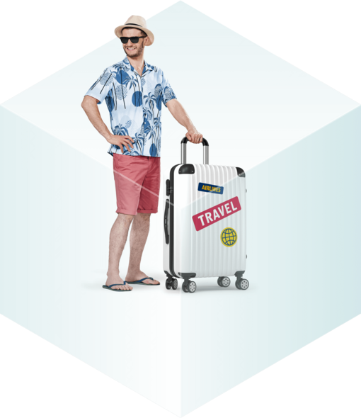 Turysta z walizką wyjeżdżający na wakacje z ubezpieczeniem Warta Travel